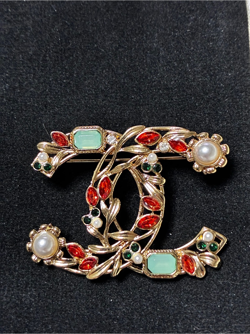 Double C Multi -Stone Gold Tone Ornate Brooch